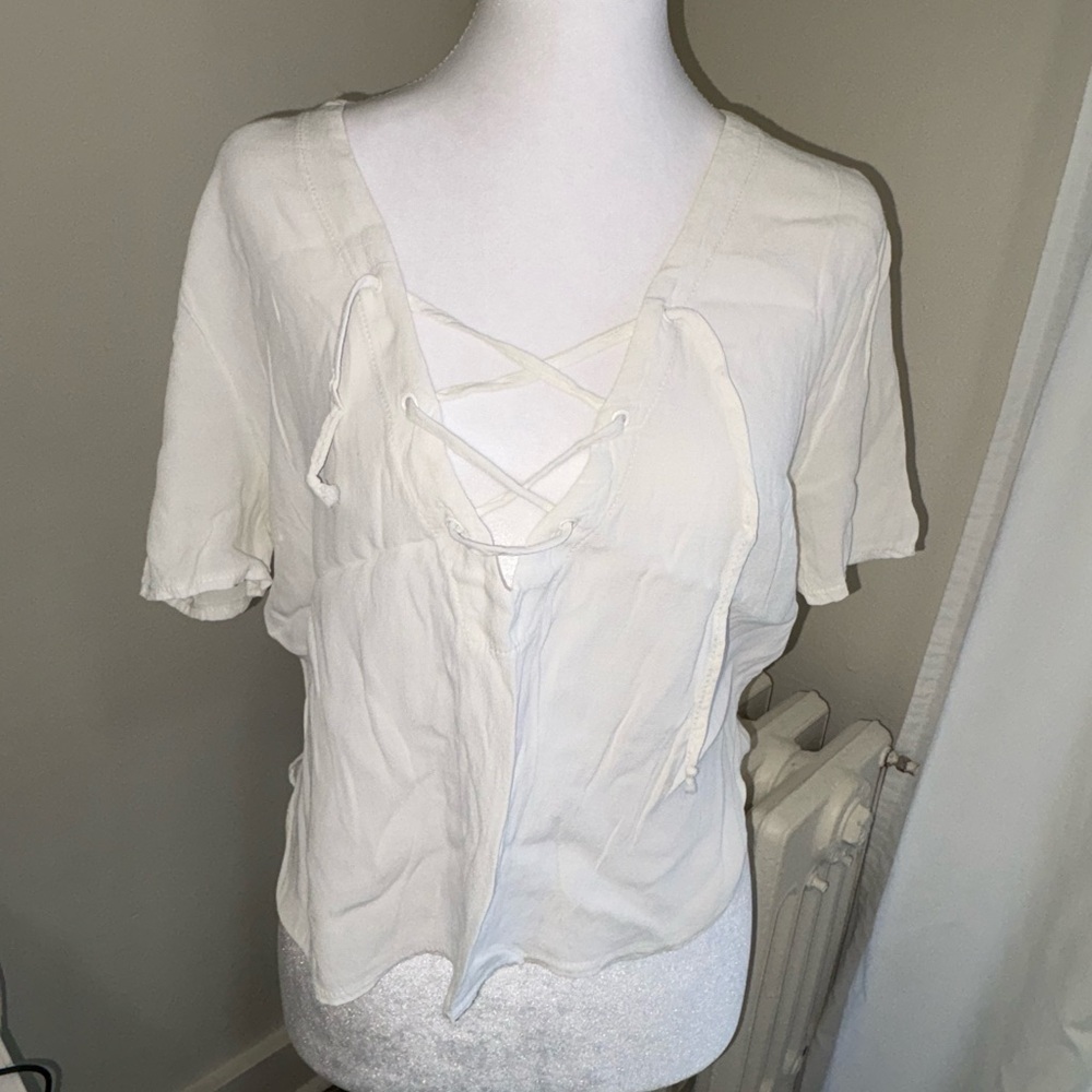 Brandy Melville Ivory Lace-Up V-Neck Short Sleeve Top